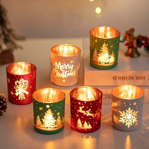 Glasseam Teelichthalter Weihnachten Teelichtgläser: 6er Set Kerzengläser Rot Grün Weiß Kerzenhalter Glas für Weihnachtsdeko Tisch Windlicht Kerzenglas für Esstisch Party Geschenk Adventsgesteck