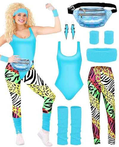 BIQIQI 80er Jahre Damen Retro Trainingsanzug Kostüm 80s 90s Accessoires