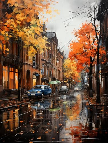 Blick auf die Straße Malen Nach Zahlen Erwachsene Groß 90x60cm,Malen Nach Zahlen Herbst,Kreativ Set für Erwachsene,Handgemalt Ölgemälde Leinwand Kit mit Pinseln Acrylfarben,Home Wand Dekor,Rahmenlos