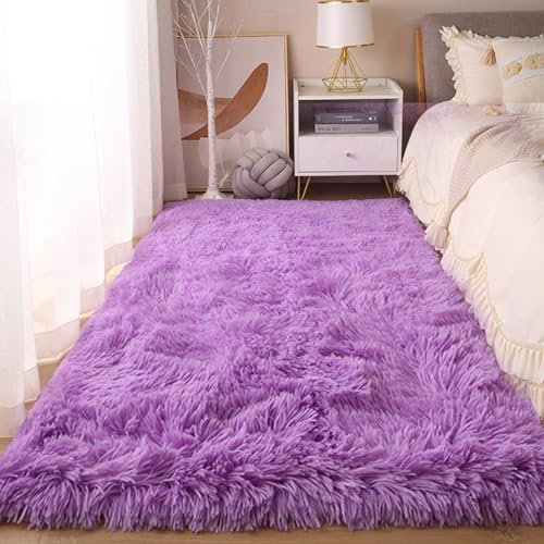 XUEDNGM Shaggy Hochflor Teppich Fellteppich 75 x 115 cm Kunstfaser Fellteppich Langflor Wohnzimmerteppich Anti-Rutsch, Flauschig, Weich, Waschbar, Langflor für Wohn Schlafzimmer, Lila