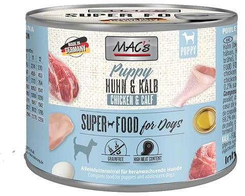 MAC’s Dog Puppy Huhn & Kalb 6 x 200g | Getreidefreies Welpenfutter mit 99% Fleischanteil | Für eine gesunde Entwicklung ohne künstliche Zusätze | Mit Distelöl & Eierschalenpulver