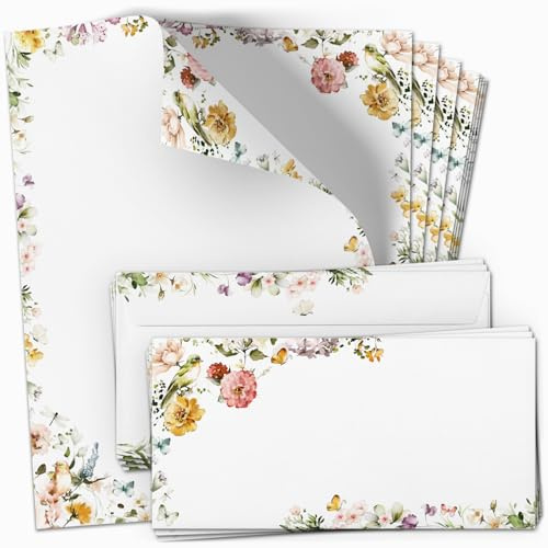 10 Briefpapier und Briefumschlag Set | Bunte Blumen romantisch | Papier und Umschlag mit Design-Motiv bedruckt | 90 g/m²