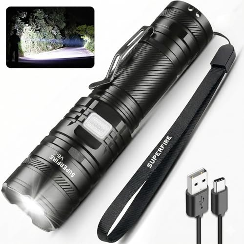 SuperFire LED Torch Rechargeable Super Bright, 2300 High Lumens Torch, Adjustable Focus, 5 Modes, 5000 mAh Long Lasting, Waterproof, Handheld Flashlight for Power Cuts, Camping, Hiking