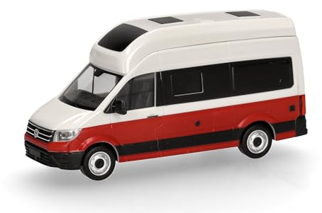 Herpa Modellauto VW Crafter Grand California, Miniatur im Maßstab 1:87, Sammlerstück, Made in Germany, Modell aus Kunststoff, Farbe: candywhite-kirschrot