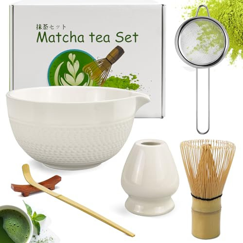 Rierousy Matcha Set di 6 scope Matcha, ciotola con beccuccio, frusta per matcha, cucchiaio per matcha, whisk, set per tè in ceramica Matcha in acciaio inox (bianco)