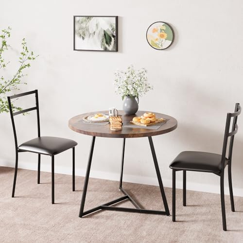 OPULENTHOME Esstisch-Set, Küchentisch und Stühle für 2, Rundes Esszimmer-Tisch-Set mit 2 gepolsterten Stühlen, 3 Stück Küchentisch-Set für kleinen Raum, Wohnung, Studio, Braun