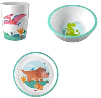HABA Kinder-Geschirr-Set Dino – 3-teilig Becher, Teller, Schüssel – Spülmaschinengeeignet, rutschfest & robust – Ideal als Geschenk für kleine Dino-Fans ab 12 Monaten