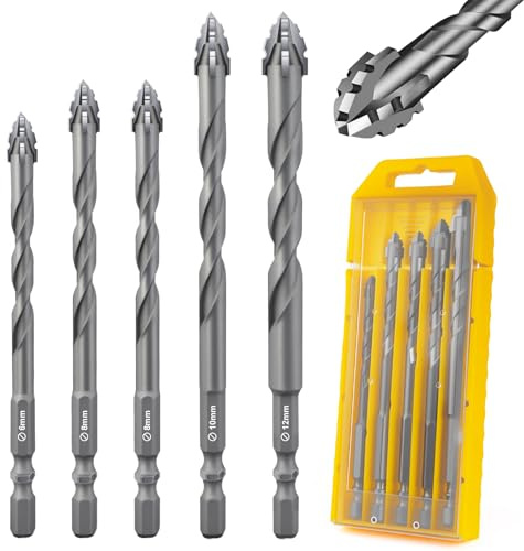 Flintronic Four-Flute Drill Bit Set, 5PCS Four Blade Serrated Eccentric Drill Bits, Masonry drill Bits with 1/4 Hex Shank, Carbide Tip Tile Brick Drills Bit set (6/8/8/10/12MM, Silver)