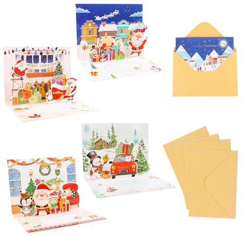 SULOLI 4pcs Cartes de Noël 3D avec Enveloppe,Carte Pop-Up Noel, Carte de Vœux Noël Cartes Pliantes,Remerciement Joyeux Noel