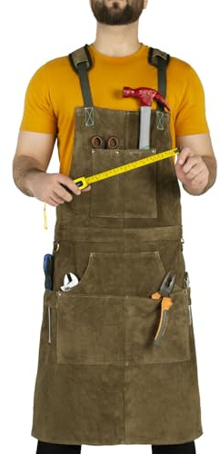 Charlie LONDON Cowhide Leather Tool Aprons-Heavy-Duty Leather Apron with 6 Tool Pockets, Heat-Resistant Welding Apron for Men & Women, Adjustable Size M to XXL-Ideal for Workshop Use (OLIVE GREEN)