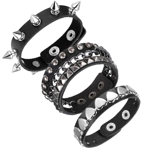3 Pcs Punk Rock Studded Bracelet Set, Spiked Leather Cuff Bracelet for Men Women Rock Grunge Cuff Wristbands Gothic Spike Cuff Bracelets Set Halloween Emo Accessories Sets for 80s 90s Outfits