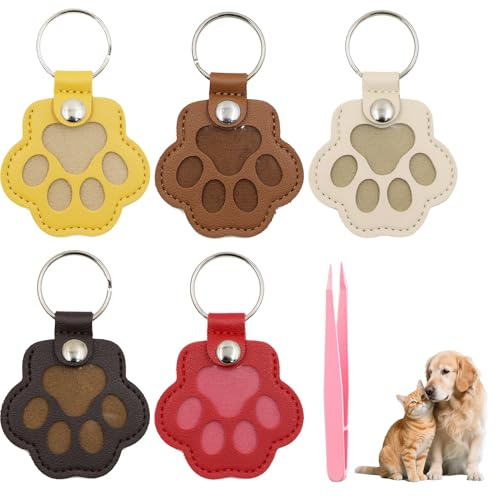5 Pièces Boîte à Souvenirs pour Poils d'animaux de Compagnie, Porte-clés Pochette de Rangement de Patte de Chat Chien Fourrure en Cuir en Forme, Cadeau Commémoratif pour Sac
