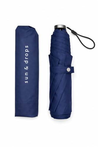 Paraguas de bolsillo Sun & drops. Plegable ultraligero 125g. UPF 50+ Protección solar ideal sol intenso. Repelente al agua, secado ultrarrápido. Apto para lluvia ligera/moderada. No para viento fuerte