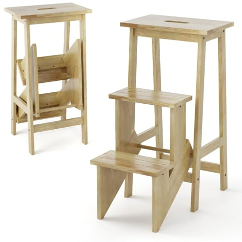 Escabeau Pliant 3 marches 57 x 41 x 76 cm Multifonction avec marches réversibles Design Moderne en Bois d'hévéa Naturel 20_0012032