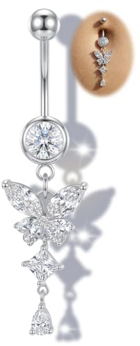 AceFun Navelpiercing, silver, 925, guldpläterad, 14G, 1, 6 x 6 mm, 8 mm, 10 mm, 12 mm, 14 mm, navelpiercing, silverboll, magpiercing, fyrkantig zirkonia, dropphänge, bananabeller, för kvinnor