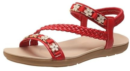 Generiska platta sandaler bekväma badskor lätta med elastisk hälrem boho strandskor för pool fest semester, röd, 41 EU