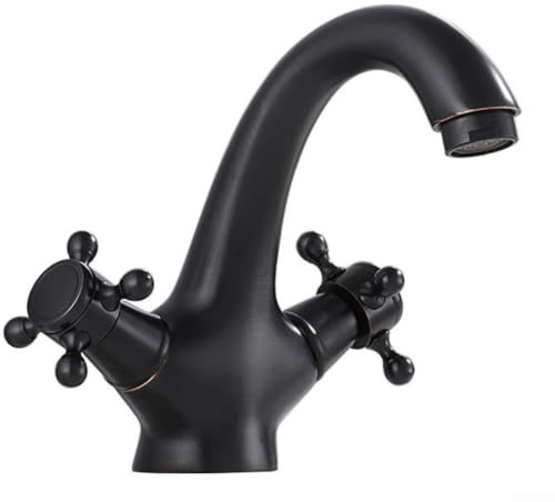 Grifo mezclador de latón vintage de doble manija caliente frío baño grifo giratorio fregadero para cocina lavabo cromo oro negro bronce acabado (negro)
