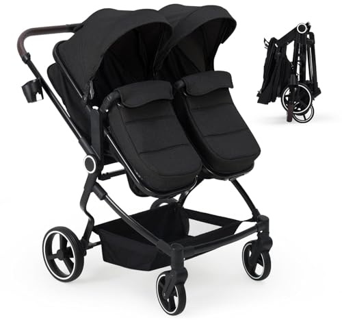 Silla Gemelar de Paseo Ligero con Asiento Reversible, Asiento Ajustable, Cochecito Bebé con Moisés y Parasol, Arnés de 5 Puntos y Freno de Pie, Plegable, Marco de Aleación de Aluminio, Máxima 30 kg