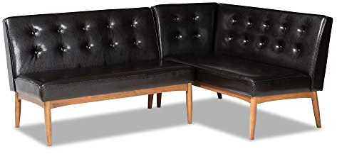 Baxton Studio Arvid Mid-Century Modern Dark Brown Faux Leather Upholstered 2-Piece Wood Dining Corner Sofa Bench
