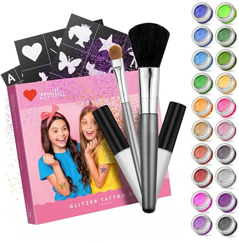 ZMILLA® BIO Glitzer Tattoo Set Kinder (20 Farben | 100 Schablonen) Für Mädchen - Glitzertattoos inklusive 2 Pinsel & 2 Kleber | Biologisch abbaubarer Glitzer