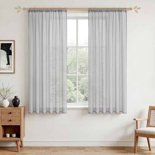 MRTREES Vorhänge Gardinen mit Store Vorhang Voile halbtransparent kurz in Leinenoptik Gardine Schals Grau 137×140cm (H×B) für Wohnzimmer Schlafzimmer Kinderzimmer 2er Set