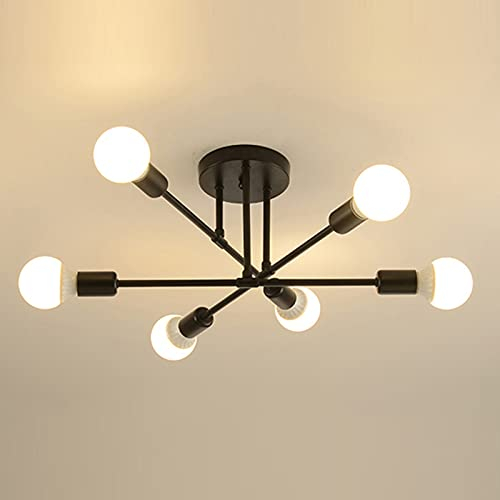 Goeco Vintage Metal Ceiling Light with E27 Lampholder, Industrial Chandelier Ceiling Lighting Fixture with 6 Arms, Black Semi-Flush Ceiling Lamp for Bedroom, Living Room, Dining Room, Kitchen