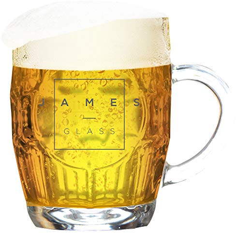 GiftsOnline4U Personalised Tankard Glass Men Stein Engraved Dimple 1 Pint Beer Traditional Tanker Handle Minimal Lines Gift Box 590 ml