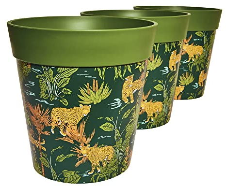 Hum Flowerpots, 22cm Set of 3, Various Patterns Colours and Sizes, Indoor/Outdoor Plastic Plant Pots, Green Jungle Leopards