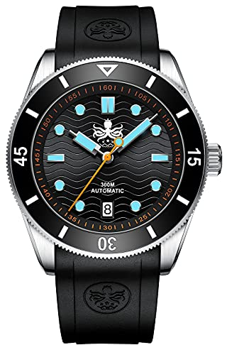 PHOIBOS Automatische Herren-Taucheruhr 300m mit schwarzem Wave-Zifferblatt und Kautschukarmband Wave Master PY010CR