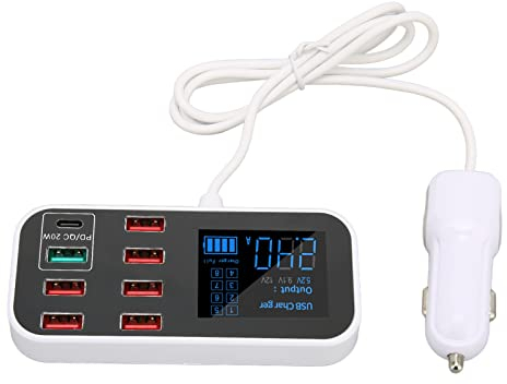 Caricatore da auto USB a 8 porte, 40 W, USB, ricarica rapida, adattatore con LCD, QC 3.0, Quick USB Hub splitter per smartphone, auto, più dispositivi