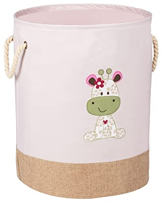 WENKO Wäschesammler Kids Greta Rosa, runder Wäschesack für Kinder in modernem Hellrosa mit niedlichem Giraffen Aufdruck, zwei Henkeln aus Baumwolle, 63 Liter Stauraum in einem Fach, Ø40x50cm, 69783800
