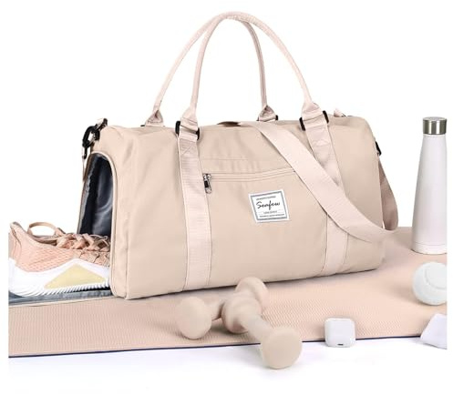 HYC00 Borsone Palestra Donna Uomo con Scomparto Scarpe Borsone da Viaggio Sportivo Borse da Palestra Grande per Donna Borsa Piscina Fitness Borsa per Ospedale Weekend Duffel Bag per Yoga Sport,Beige