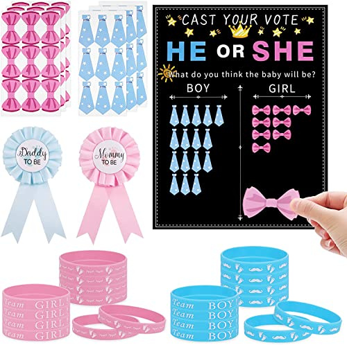 77 Pcs Gender Reveal Party Deko Geschlecht Verkünden 1 Stk Abstimmung Poster 50 Pcs Stickers 20 Pcs Team Girl or Boy Armbänder Spiele Mitgebsel für Enthüllung Party Baby Shower Babyparty | 1 Abstimmung Poster, 50 Sticker, 20 Team Girl or Boy Armbänder, Spiele und Mitgebsel für Baby Shower Babyparty Enthüllung