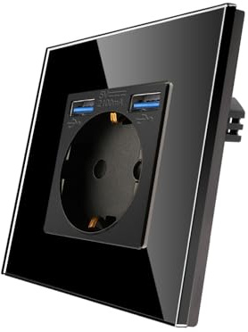 CNBINGO Steckdose Unterputz mit USB Ports (Max.2,1 A), 1-Fach Schwarz Glas | Schuko Einzelsteckdose mit USB-A, Wandsteckdose mit Kindersicherung, Horizontal oder Vertikal, DIY-Montage, Glasrahmen