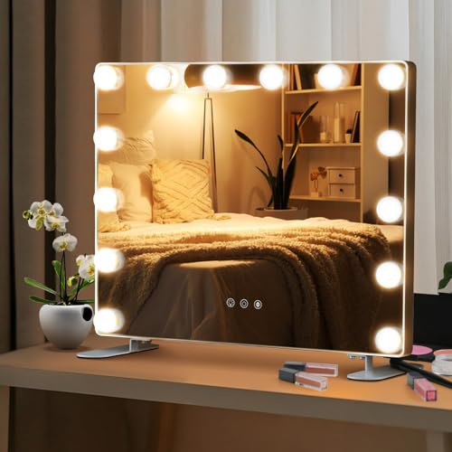 COSTWAY Hollywood Spiegel mit 14 dimmbaren LED-Leuchten, 3 Lichtfarben, 2-in-1 Tischspiegel & Wandspiegel mit Metallständer, Schminkspiegel Kosmetikspiegel mit Smart-Touch-Steuerung, 50 x 18 x 43 cm