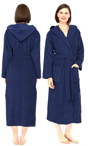 NAUSHA.HOME Luxury Hooded Bathrobe Mens & Ladies Dressing Gown 100% Cotton Terry Toweling Shawl Collar Robe Perfect For Hotel & Spa Soft Stylish Robe (as8, alpha, x_l, regular, regular, Navy)