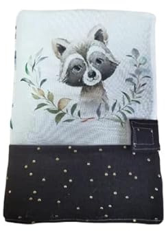 Protege carnet de santé, thème raton laveur et double gaze noir pois doré, idée cadeau naissance,liste de naissance, fabrication française