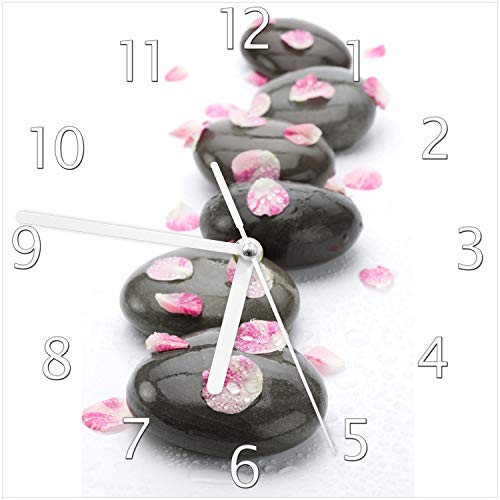 Wallario Design-Wanduhr Dunkle Steine mit Blütenblättern aus Glas, Motiv-Uhr Größe 20 x 20 cm, weiße Zeiger