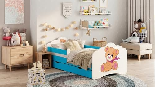 Happy Babies MOBI - Kinderbett 160 x 80 | Bett mit Rausfallschutz & Bettkasten | Jugendbett mit farbigem Aufkleber | Kinderbett mit Matratze 80x160 | Kinder-Bett für Mädchen & Jungen BLAU (M10)