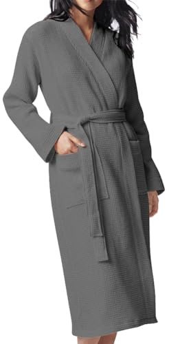 flintronic Våffelmorgonrockar unisex, våffelkimono badrock morgonrock, lång rock bomull lätt badrock för spa hotell myskläder nattkläder alla årstider, Grått, M