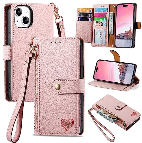 VEEMOS Handyhülle für Apple iPhone 13 Hülle Klappbar Klapphülle Schutzhülle mit Kartenfach RFID Reißverschluss Handy Tasche Leder Flip Case Cover Handytasche Frauen - Rosa