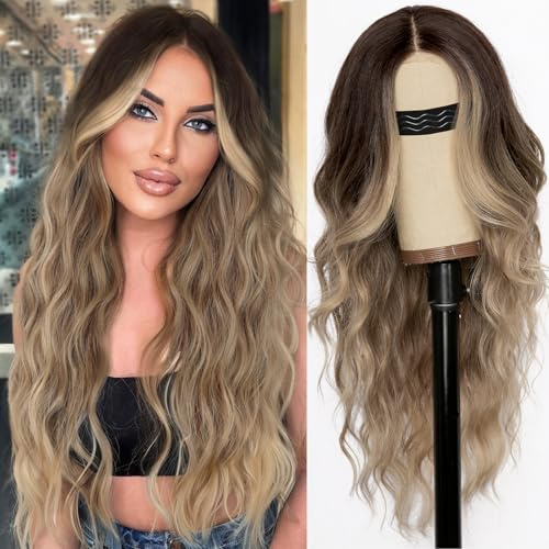 Aisi Hair Parrucca biondo rame ombré da donna, sintetica, resistente al calore, con riga centrale e pizzo, ondulata e lunga, per feste quotidiane, 66 cm