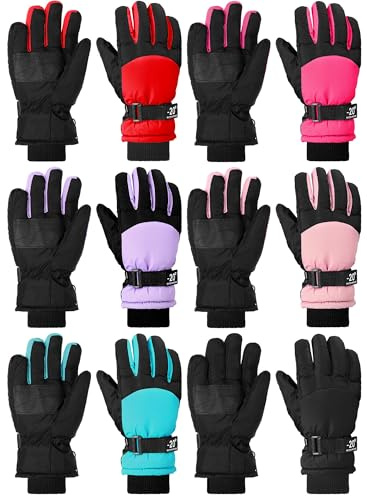 Bencailor 6 Pairs Kids Winter Gloves Waterproof Ski Glove Boy Girl Warm Snow Snowboard Mittens for Cold Unisex(Light Purple Blue-Green Light Pink Rose-red Red Black,8-12 Years,Elegant,Plain)