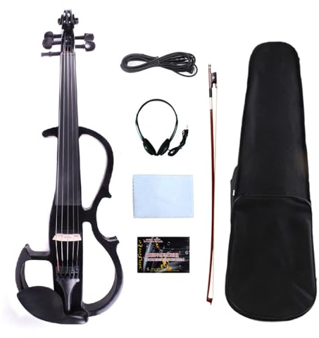 WUQIMUSC Electric Viola 16 inch Solid Wood Viola with Ebony Fittings, Carrying Case and Accessories Included #EL8 (Black-5 string)