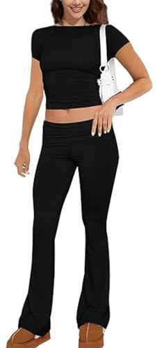 ABINGOO Tuta da Donna Casual 2 Pezzi a Maniche Lunghe Aderente Crop Top Svasati a Vita Bassa Pantaloni Lounge Set Yoga Tuta(Z-Nero,S)