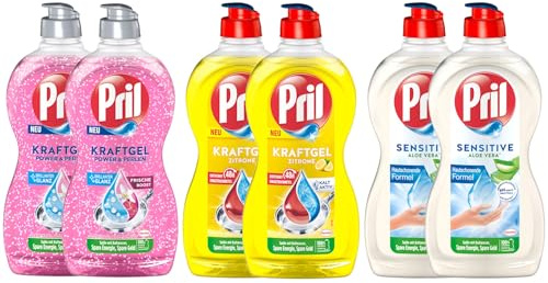 PRIL-Set Kraftgel 2x Power & Perlen Granatapfel & Orangenblüte & 2x Zitrone & 2x Sensitive Aloe Vera, Handgeschirrspülmittel-Set mit hoher Fettlösekraft, für sauberes Geschirr, 6x 450ml