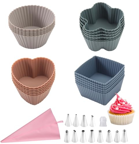 WhaleO 24 Piezas Moldes Magdalenas Silicona y Manga Pastelera Profesional con Boquillas Manga Pastelera Moldes Reposteria Silicona Moldes Reutilizables para Pasteles, Pudines Cremosos