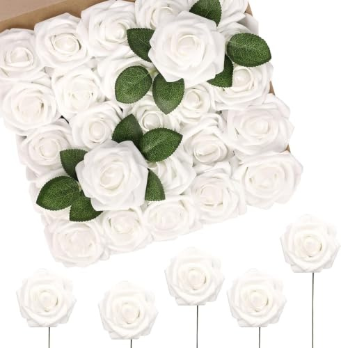 N&T NIETING Künstliche Blumen 50 Stück Real Touch Weiße Gefälschte Rosen | Real Touch Kunstblumen, Künstliche Rosen für DIY Hochzeit Sträuße Mittelstücke Brautdusche Party Home Blumenarrangement