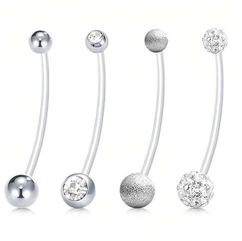 ZKGYUS 4 Piezas Piercing Ombligo Acero Quirúrgico para Mujer Forma de Barra Curvada y Circonita Cúbica Perla Ombligo Piercing Plata