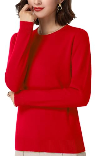 Gloop Damer enfärgad långärmad tröja casual stickad tröja sweatshirt finstickad tröja, röd, XL-XXL